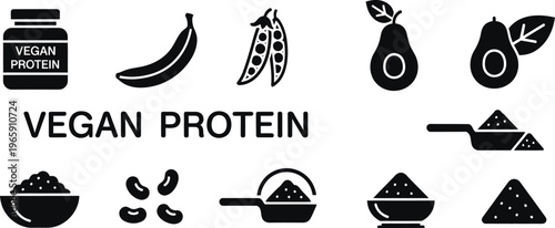 Vegetarian protein sources black solid glyph icons for plant based nutrition and wellness.