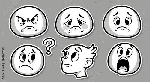 Collection of Cartoon Emoji Faces Expressing Anger, Sadness, Questioning, and Shock on a Gray Background