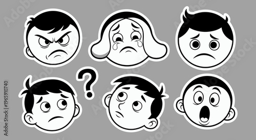 Cartoon Boy Faces Collection Showing Crying, Sad, Angry, and Questioning Emotions on a Gray Background