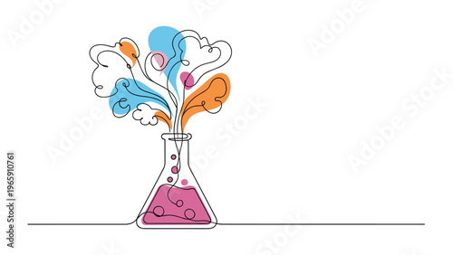 Artistic continuous line drawing of a laboratory flask emitting colorful vapor bubbles symbolizing chemistry and scientific discovery.