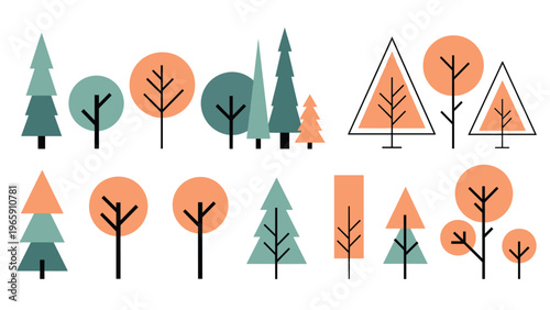 Geometric forest illustration featuring a variety of stylized trees in muted blue, green, and peach tones on a plain background.