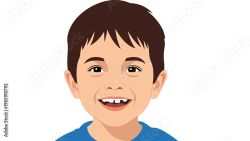 Close up portrait of a young boy with short brown hair smiling happily and showing his missing front tooth.