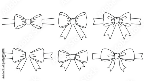 Collection of minimalist line art ribbon bows with long tails shown in two rows against a clean white background for design.