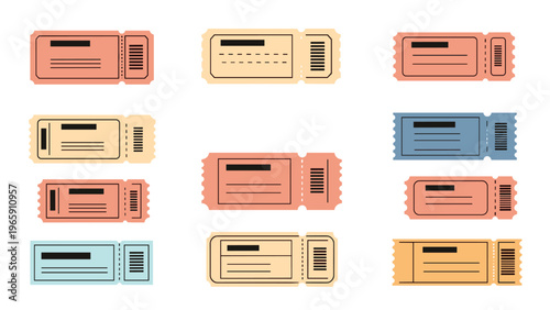 Colorful vintage ticket stub collection featuring various paper shapes in shades of salmon, cream, blue, and orange for design projects.