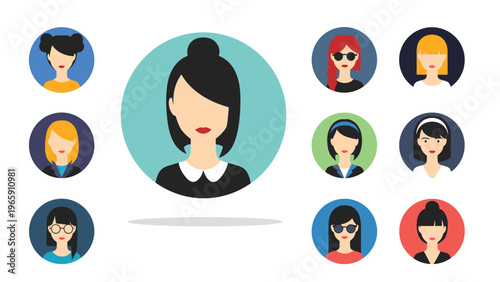 Diverse group of female avatar icons with various hairstyles and accessories presented in colorful circular frames on a white background.
