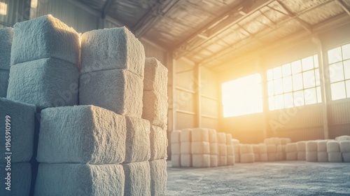 Large bales of bleached wood pulp stacked inside a warehouse