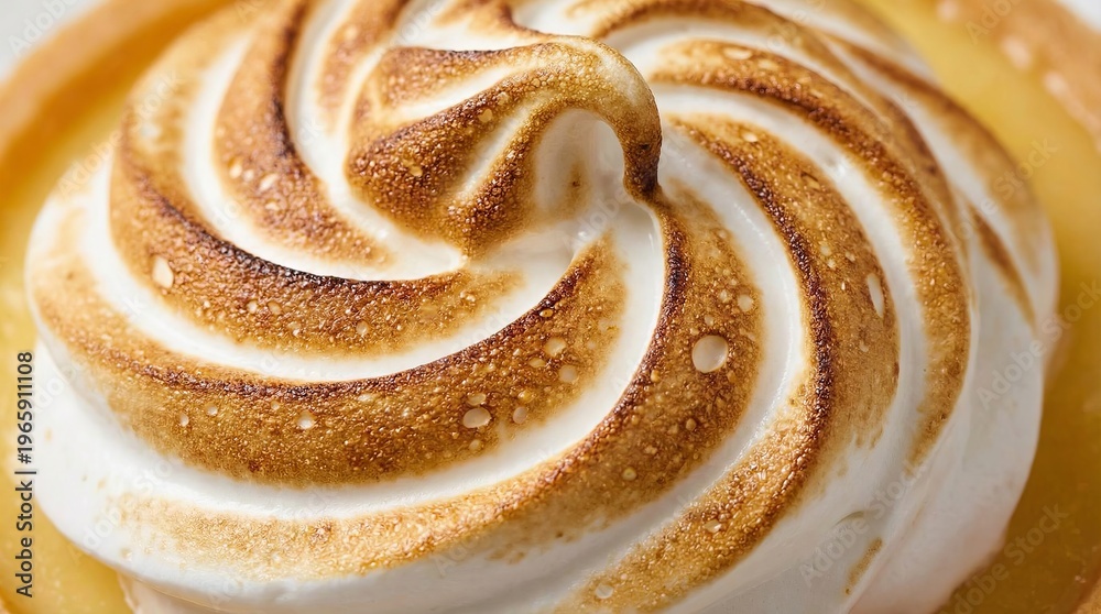 Fototapeta premium Extreme close-up of toasted meringue peaks, crisp golden-brown texture, delicate swirls, dessert surface detail,