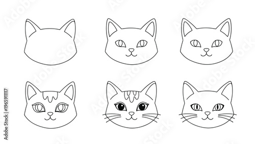Step by step drawing tutorial showing how to create a cat face starting from basic shapes to the final detailed line art illustration.