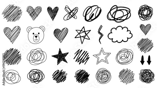 Extensive set of hand drawn black ink doodles including hearts, stars, clouds, a bear face, and expressive scribbled circular shapes on white.