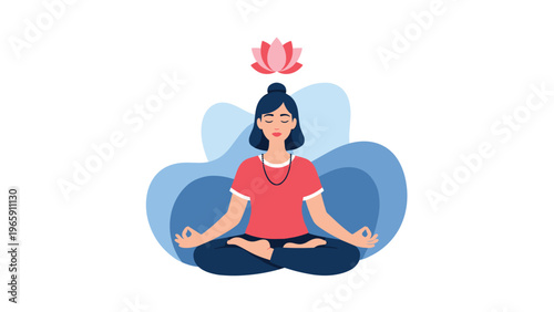 Peaceful illustration of a woman in a red shirt meditating in a lotus pose with a pink lotus flower symbol floating above her head.