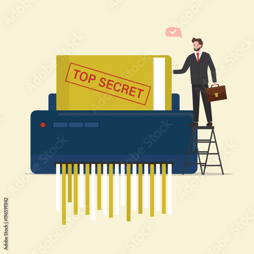 Businessman using paper shredder destroying documents and folder. Machine for cutting papers and folders. Confidential and private document office information protection.