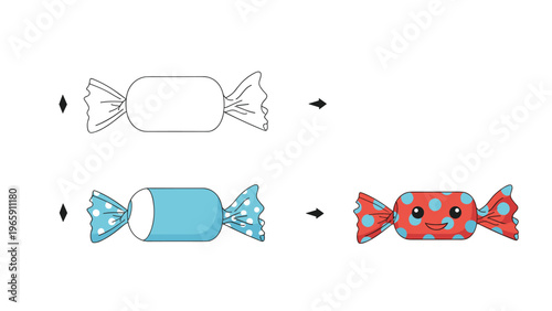 Easy step by step drawing guide for a cute wrapped candy character with a smiley face and blue polka dots on a red wrapper design.