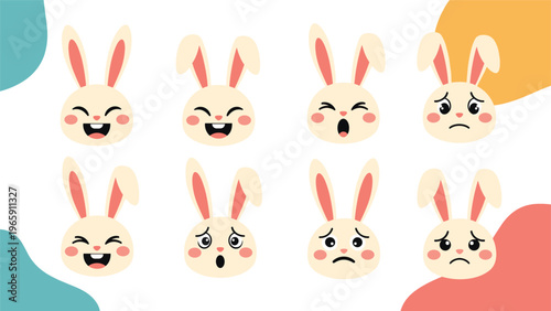 Cute rabbit head emojis with different facial expressions including happy sad and angry for social media communication.