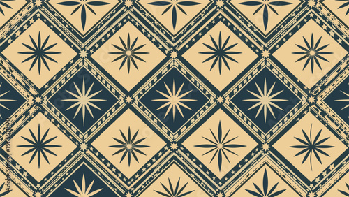 Seamless ethnic pattern featuring diamond shapes and starburst motifs in cream and dark blue for traditional textile designs.