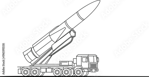 Missile launcher truck illustration, military vehicle artwork, defense technology concept, mobile rocket system design, army equipment graphic, war machinery