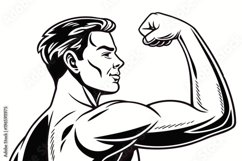 Bodybuilder muscle flex arm vector illustration. Strong macho biceps gym flexing hand vector icon isolated on white background .vector icon