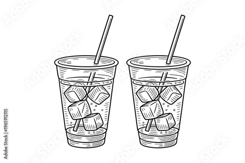 A detailed line art illustration depicts two glasses of iced beverages with straws perfect for summery designs on transparent background high-quality professional.