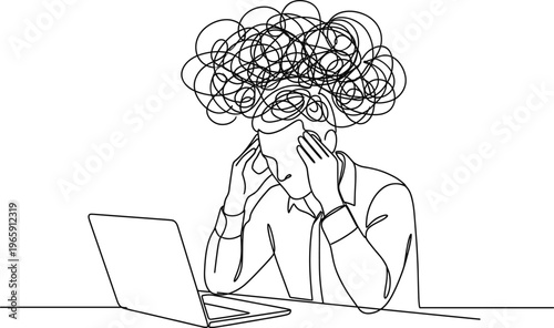 Stressed businessman at laptop with tangled thought cloud line art, mental health burnout concept, professional worker overwhelmed with complex anxiety
