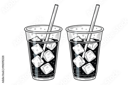 A detailed line art illustration depicts two glasses of iced beverages with straws perfect for summery designs on transparent background high-quality professional.