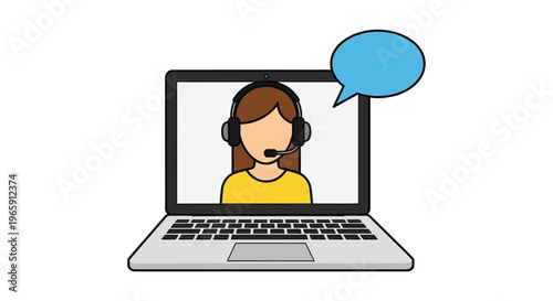 Vector illustration design featuring a friendly female customer service agent wearing a headset communicating via a laptop screen with an empty speech bubble overhead.