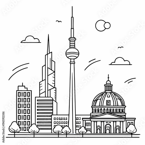 Bild auf Leinwand Berlin city line art with iconic TV tower and historic cathedral representing fa