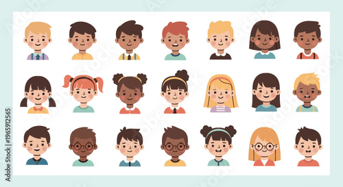 Set of cute children avatar illustrations in soft flat vector style.