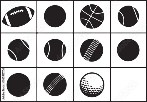 Sports ball icons, athletic symbols, vector balls, black and white graphics