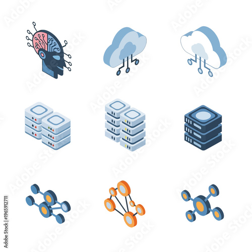 Artificial intelligence, cloud computing, and data servers isometric icons for technology and digital business concepts
