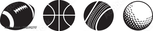 Sports icons, ball symbols, American football, basketball, cricket, golf vector graphics