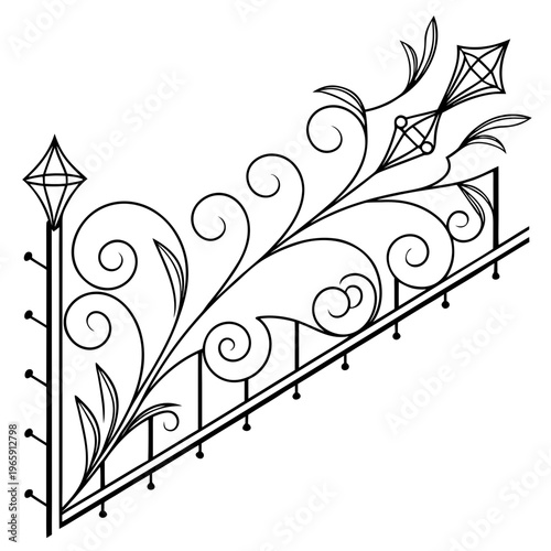 Decorative wrought iron railing with floral scrollwork and diamond motifs, ornamental fence segment for architectural design, vintage balcony or gate