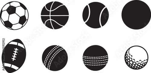Sports ball icons, athletic symbols, black and white graphics, vector illustrations
