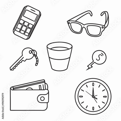 Arrangement of everyday essentials like phone, key, glass, wallet, card, money, clock, and money key