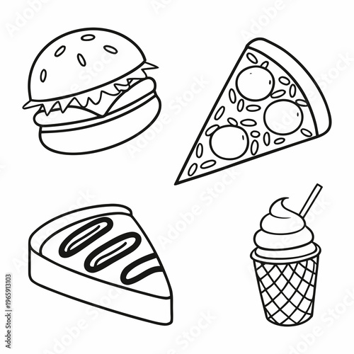 Commercial fast food vector set with burger pizza and soft serve ice cream for signage and branding of cafes or restaurants and mobile applications