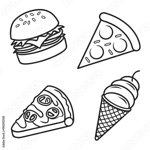Set of four classic food outlines featuring a detailed cheeseburger, a slice of pepperoni pizza, a second slice of pizza with different toppings, and a soft-serve ice cream cone