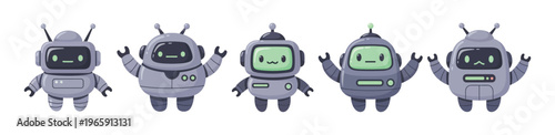 Collection of five adorable and friendly gray robot characters in various cute poses, perfect for technology illustrations and playful digital designs.
