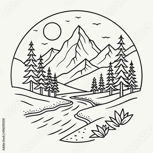 Scenic mountain landscape with river and pine trees framed in circle serene natural scenery vector illustration