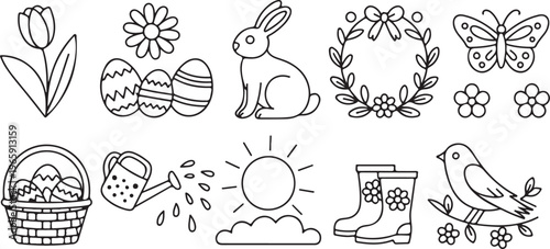 Minimalist household appliance line art icon set,Floral, Bunny, Egg Line Art Collection featuring refrigerator microwave washing machine stove vacuum cleaner and coffee maker
