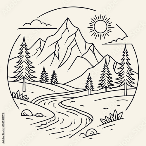 Mountain range river and trees in circular frame with sun and clouds detailed nature illustration vector