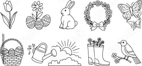 Minimalist household appliance line art icon set,Floral, Bunny, Egg Line Art Collection featuring refrigerator microwave washing machine stove vacuum cleaner and coffee maker