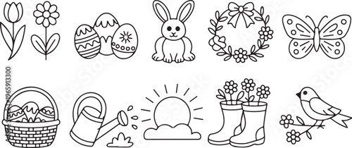Minimalist household appliance line art icon set,Floral, Bunny, Egg Line Art Collection featuring refrigerator microwave washing machine stove vacuum cleaner and coffee maker