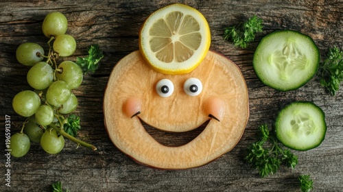 Fruit Face on Wooden Table with Grapes & Cucumbers