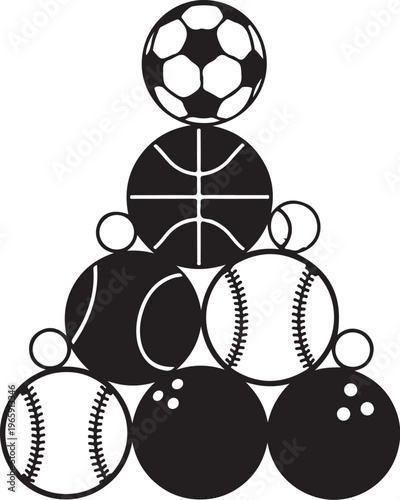 Sports Balls Vector Icons, Black and White, Soccer, Basketball, Baseball, Bowling, Tennis