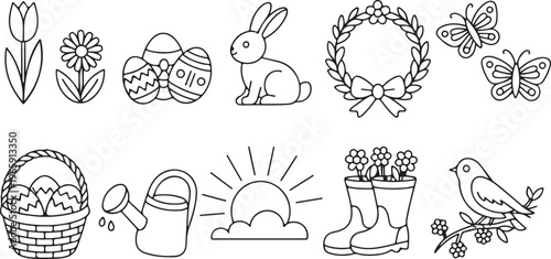 Minimalist household appliance line art icon set,Floral, Bunny, Egg Line Art Collection featuring refrigerator microwave washing machine stove vacuum cleaner and coffee maker