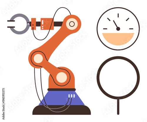 Automation, robotics, industrial processes, technology, machinery, manufacturing. Robotic arm, gauge and magnifier technological advancements. Automation and robotics concept