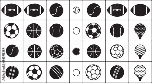 Sports Icons, Vector Ball Symbols, Football, Basketball, Tennis, Soccer, Sports Equipment Illustrations