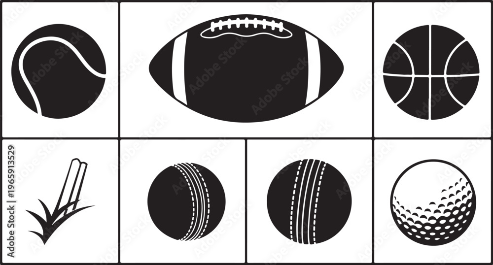 Obraz premium Sports Icons, Vector Balls, Football, Basketball, Cricket, Golf