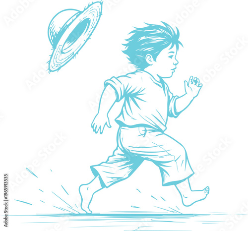 A futuristic child running towards a glowing ring in the sky Vector, illustration