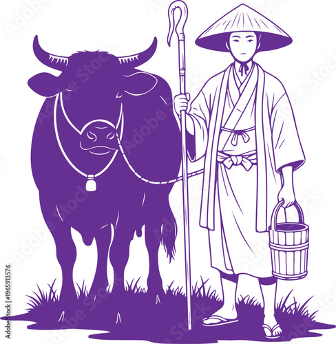 Traditional farmer tending to a bull in a rural setting with a conical hat Vector, illustration