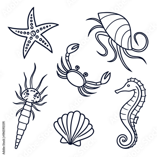 Collection of ocean dwellers including starfish, crab, jellyfish, and seahorse with tentacles, simple outline drawing for art and design