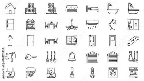 Simple line icons of home and household objects
